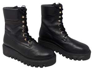Stuart Weitzman Black Leather Platform Combat Boots Size 7.5 Lug Sole